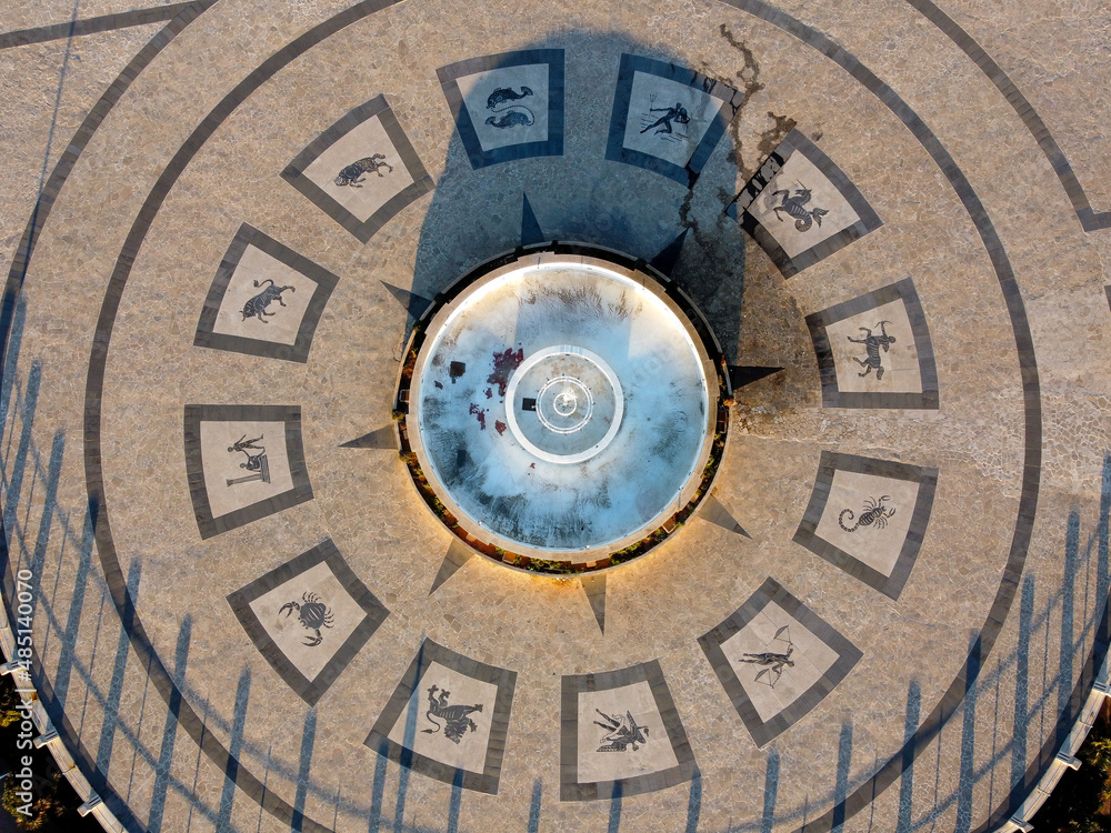 aerial view of the zodiac fountain on the seafront of Lido di Ostia, Rome aerial view of the zodiac fountain on the seafront of Lido di Ostia, Rome