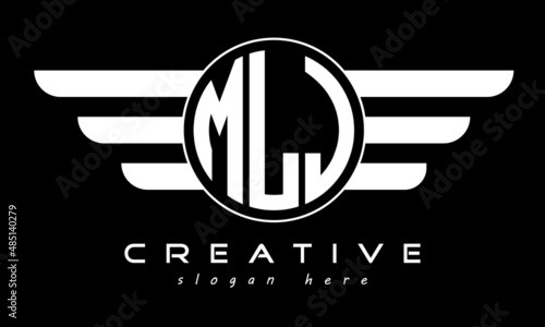 MLJ three letter monogram type circle letter logo with wings vector template. photo