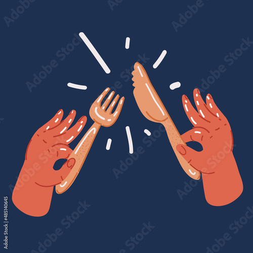 Cartoon vector illustration of hands holds knife and fork