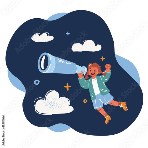 Cartoon vector illustration of girl looking at the sky with a astronomical telescope.