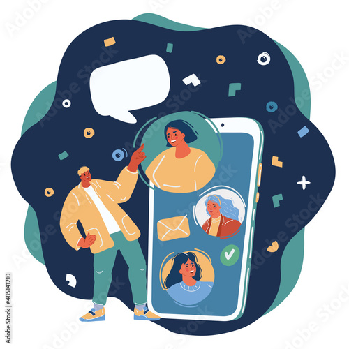 Cartoon vector illustration of Portrait man with big gaint smartphone cat wih hif friends or collegues