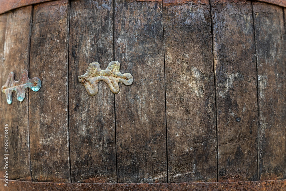 wooden barrel with metal rusty straps template background wooden barrel with metal rusty straps template background