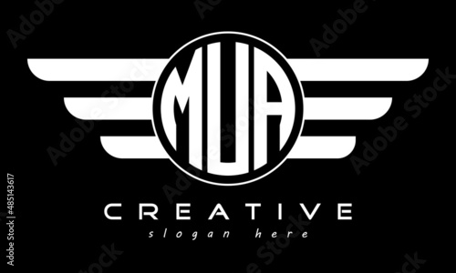 MUA three letter monogram type circle letter logo with wings vector template.