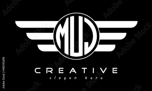 MUJ three letter monogram type circle letter logo with wings vector template. photo