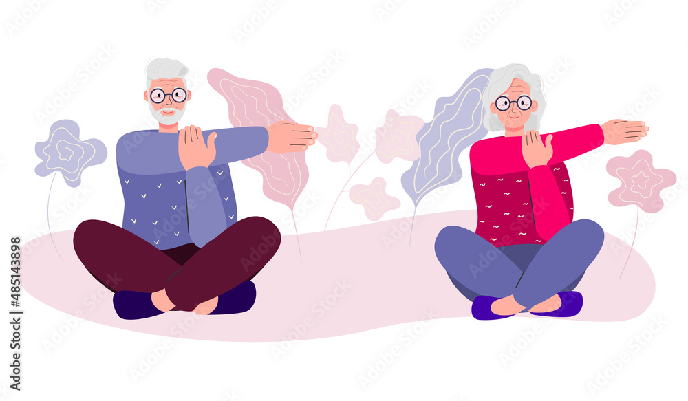 Elderly people and gymnastics. An elderly couple. Grandparents are doing exercises. Sport. Morning gymnastics. Flat vector illustration. Elderly people and gymnastics. An elderly couple. Grandparents are doing exercises. Sport. Morning gymnastics. Flat vector illustration.