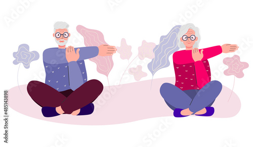   Elderly people and gymnastics. An elderly couple. Grandparents are doing exercises. Sport. Morning gymnastics. Flat vector illustration.