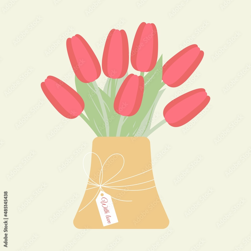 cute greeting card with vase bouquet of tulips and card with love lettering