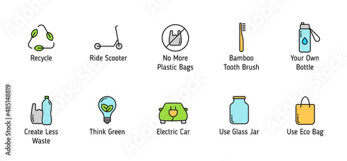zero waste signs color filled vector icons isolated on white background. zero waste eco concept. recycle outline filled icons for web, mobile and ui