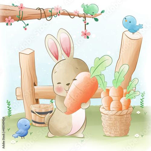 Cute rabbit with big carrot illustration