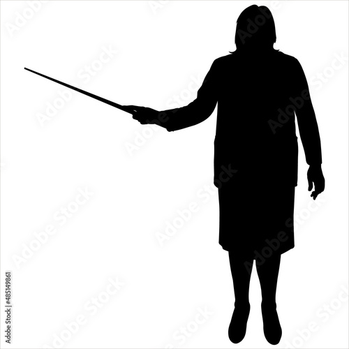 A woman with a pointer in her hands. Pointer demonstration. A woman with a pointer stands still. The office worker, employee, teacher, trainer. Front view. Female black silhouettes isolated on white.