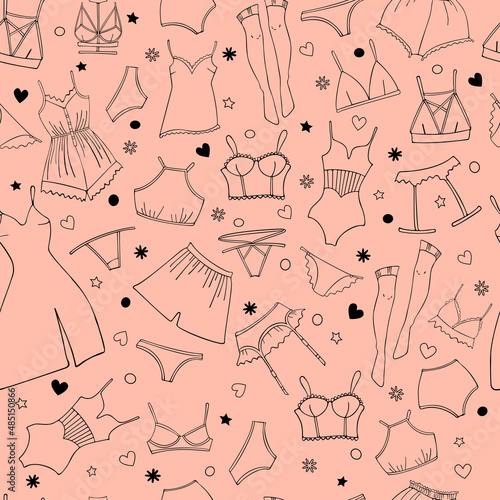 seamless pattern with lingerie print. black line on a pink background. underwear and home wear for women. cool pattern for underwear packaging design. vector illustration