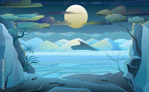 Desert sand. Landscape of southern countryside. Drought cracked desert land. Dark night with big bright moon. Cool cartoon style. Vector