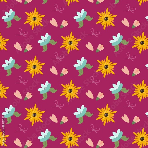 Pattern with flowers in flat style and additional bow element