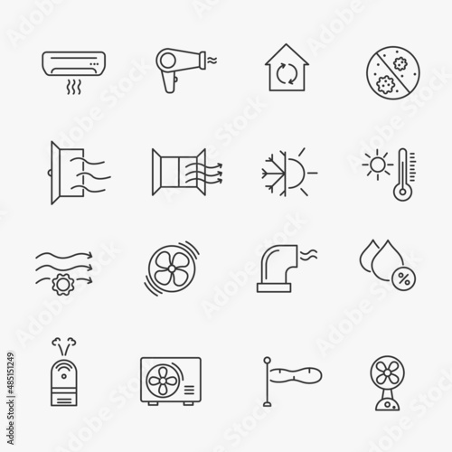 Air heat condition cool line icon. Cold dry water fan pictogram. Air wind thermostat conditioner icon set