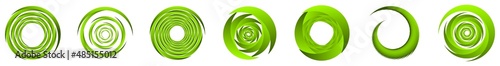 Set of green abstract spiral, swirl, twirl and whirl elements. Cochlear, helix, vortex icon