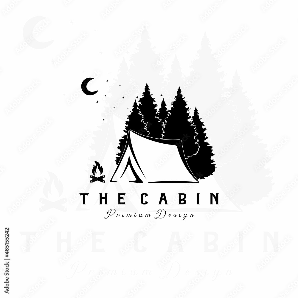 cabin logo vector illustration design cottage line art linear travel family lodge wooden outdoor home label