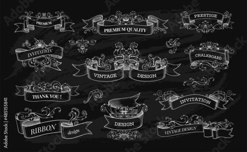 Vintage banner on chalkboard. Retro scroll label engraving for books, store and restaurant menu. Swirl ribbons and decorative elements. Premium stickers. Vector heraldic borders set