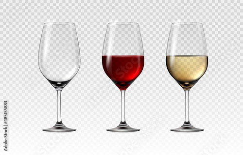 Glass with red and white wine. Realistic transparent wineglasses. Empty 3D alcohol glassware. Drinks serving. Stemware for grape beverages. Full goblets. Vector cocktail tableware set