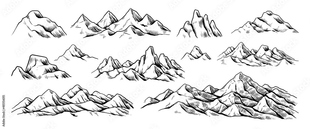 Rocky mountains sketch. Hand drawn nature landscape engraving. Hike and summit climbing background. Scenic cliffs and peaks panorama. Highlands scenery. Vector outline rock ridges set