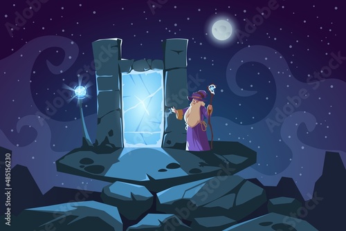 Wizard and portal scene. Cartoon fantasy background with magician and stone teleportation door. Fairy tale teleport in rock arch. Sorcerer doing magic at night. Vector illustration