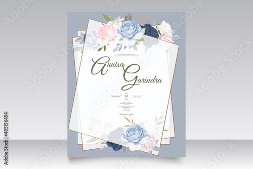 Elegant wedding invitation card template with floral and leaves navy blue Premium Vector photo