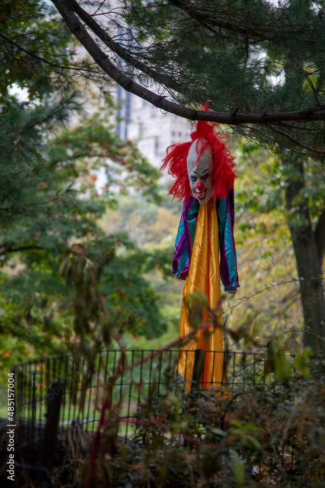 clown costume hanging from a tree, seen in central park, New York city clown costume hanging from a tree, seen in central park, New York city