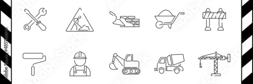 Set of construction Related Vector Line Icons. Includes such Icons as construction tools and equipment, putty knife, ladder, Builder and more
