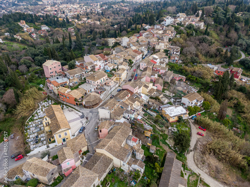Aerial drone view of Evropouli village in corfu island greece