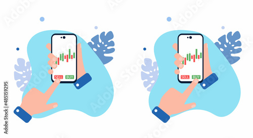 The hand is holding a smartphone. The finger presses the buy-sell button. Trading. Stock trade in phone. Graph of stock market with candlestick, chart and exchange for trader. Mobile app with forex.