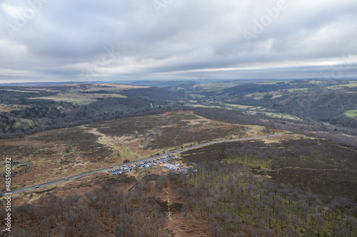 Drone view Peak District Stanage Edge road and car parking