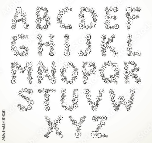 Vector alphabet of cheerful caricature hand-drawn characters consisting of spinning gears