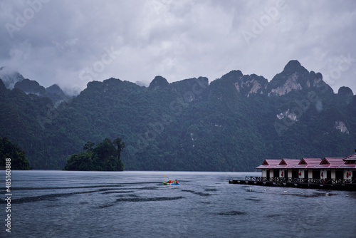 Bungalows on Cheow Lan Lake in Khao Sok National Park at rain time  Surat Thani Province  Thailand.