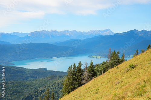 view to lake walchensee, Wetterstein Alps with Zugspitze, from Hirschhornlkopf mountain
