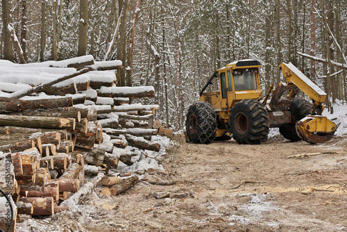 Log or Logging Skidder with Freshly Harvested and piled timber logs