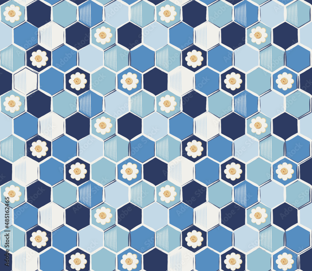 Cute seamless pattern with hexagons tiles and flowers in blue tone Cute seamless pattern with hexagons tiles and flowers in blue tone