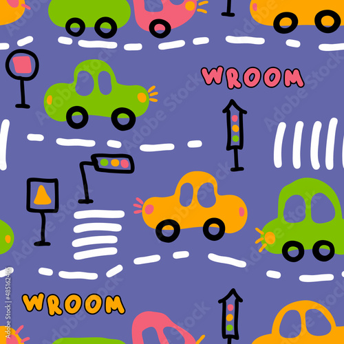 Childish seamless pattern with cars and text WROOM. Perfect for T-shirt  textile and prints. Hand drawn vector illustration for decor and design.