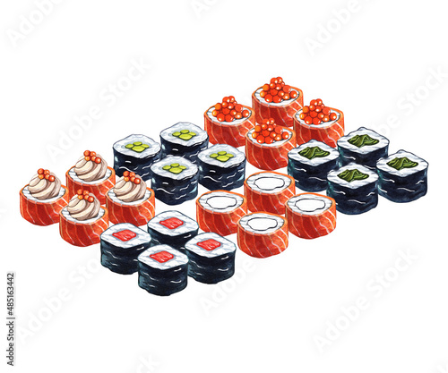 Maki sushi rolls with vegetables, fish and seaweed. Asian cuisine. Hand drawn watercolor illustration isolated on white background.