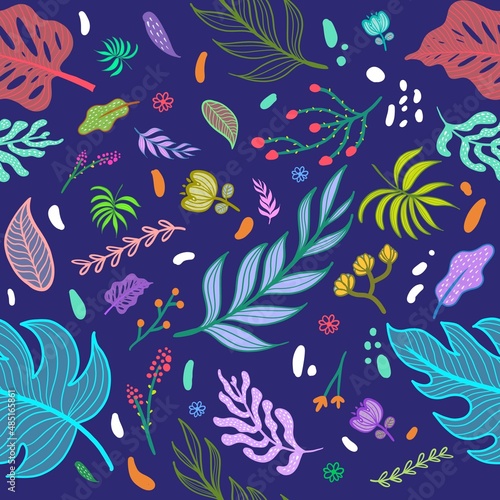Colorful tropical rainforest. Seamless pattern with abstract flowers leaves and other plants. Aloha textile collection. On dark blue background.