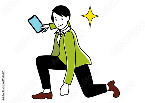 携帯電話を持ってキメポーズでやる気を表現しているイメージのビジネスパーソン