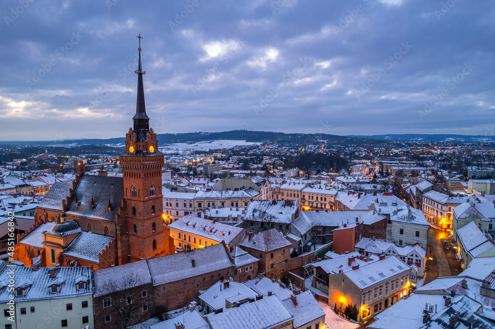Drone view over Tarnow old town in winter