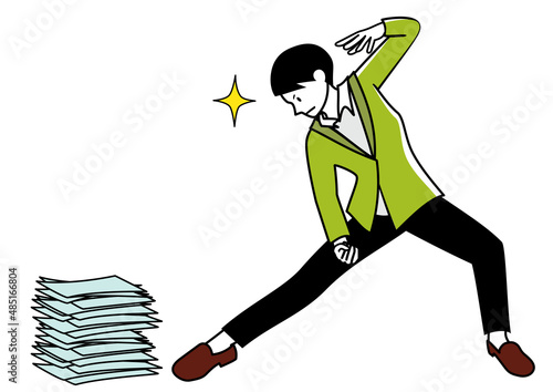 積み重なった書類を前に、キメポーズでやる気を表現しているビジネスパーソン