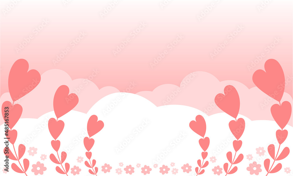 Romantic vector background in flat style in pink colors. Consists of plants in the form of hearts. In the middle is free space for your text.
