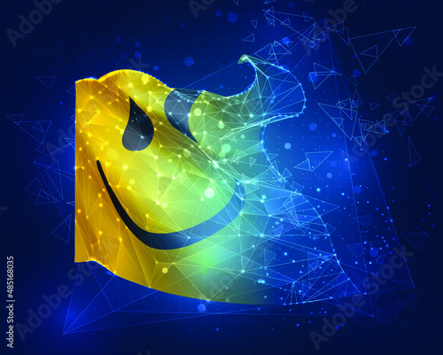 cheerful yellow smile vector flag, virtual abstract 3D object from triangular polygons on a blue background