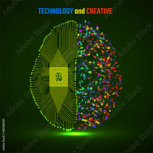 Left and right human brain cerebral hemispheres with cpu, circuit board and colorful ink splashes, grunge splatters. Vector illustration