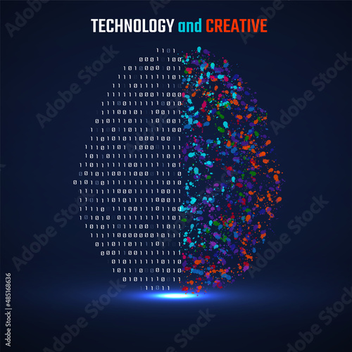 Left and right human brain cerebral hemispheres with binary code and colorful ink splashes, grunge splatters. Vector illustration