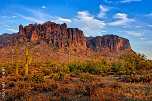 Arizona desert view with Superstitious mountain and Saguaro cacti and near sunset, Phoenix, USA