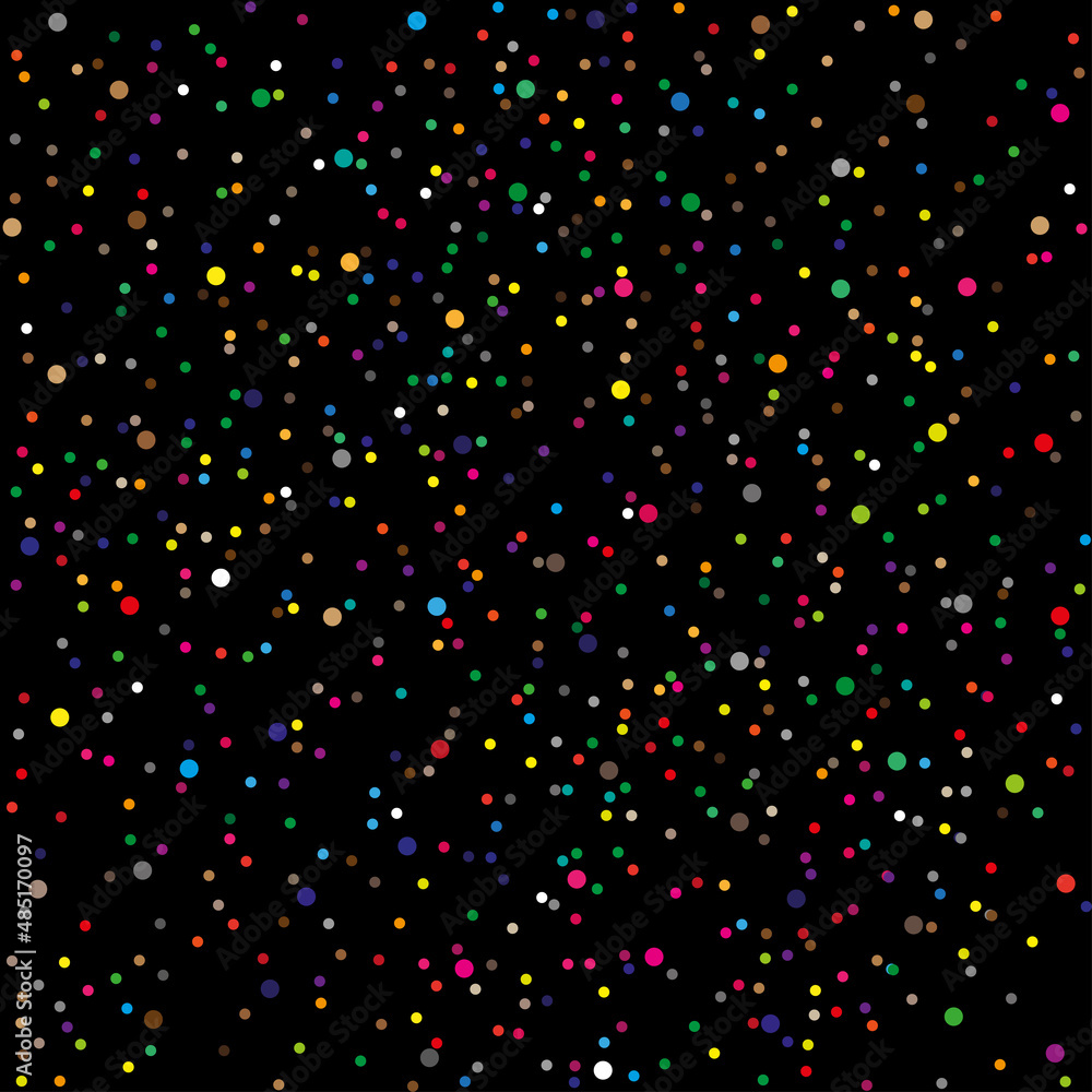 Background and pattern of colored dots and polka dots on a black background	
