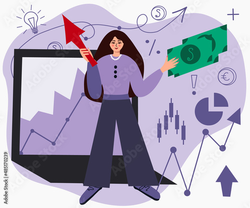 A financial analyst, a banker at work, a woman, a woman trader. Online Trader. Vector Illustration of Flat Money
