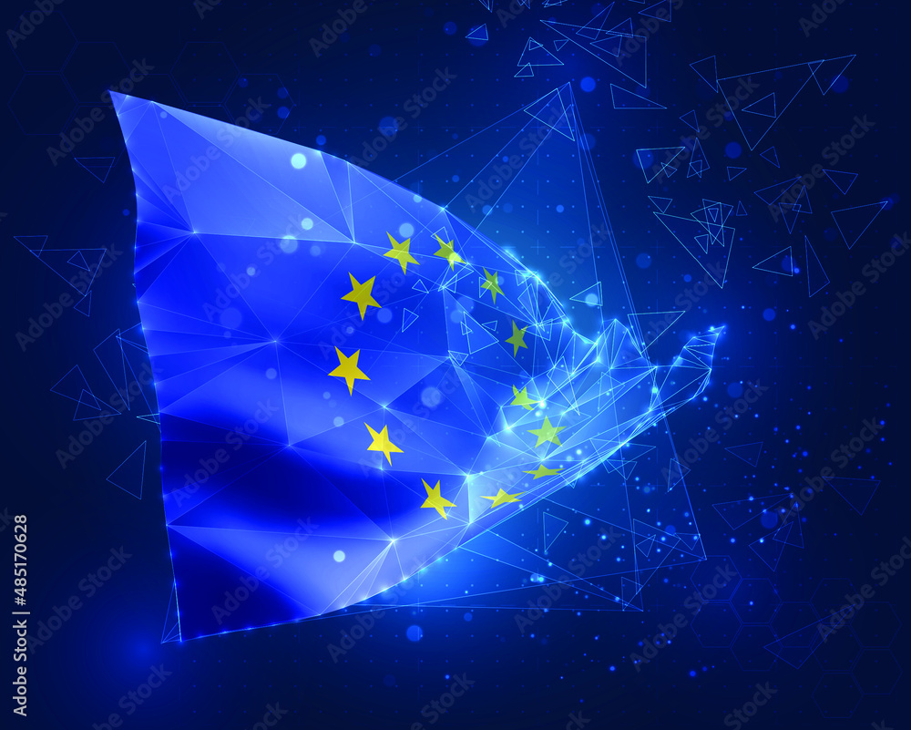 European Union, vector flag, virtual abstract 3D object from triangular polygons on a blue background European Union, vector flag, virtual abstract 3D object from triangular polygons on a blue background