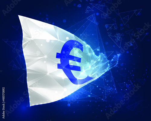 euro currency vector flag, virtual abstract 3D object from triangular polygons on a blue background